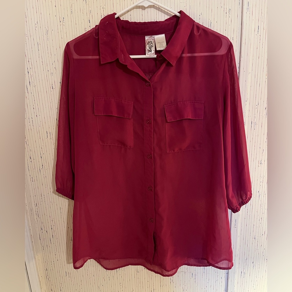 L8ter Vibrant Magenta Sheer Button Down Top